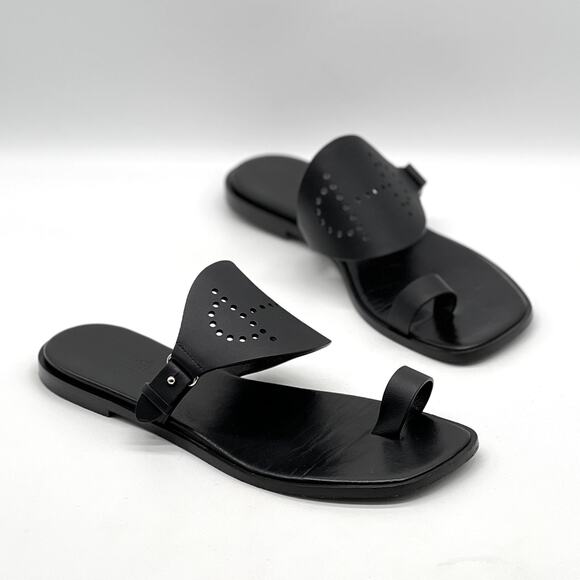 Hermes Shoes - HERMES Hera Sandal Womens 39 8.5 Black Leather Cut Out H Toe Loop Flat Slide